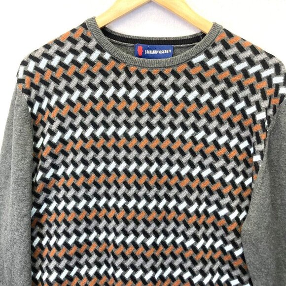 Luchiano Visconti Lattice Sweater Mens Large Crew Geometric Retro Gray Orange - Picture 3 of 13